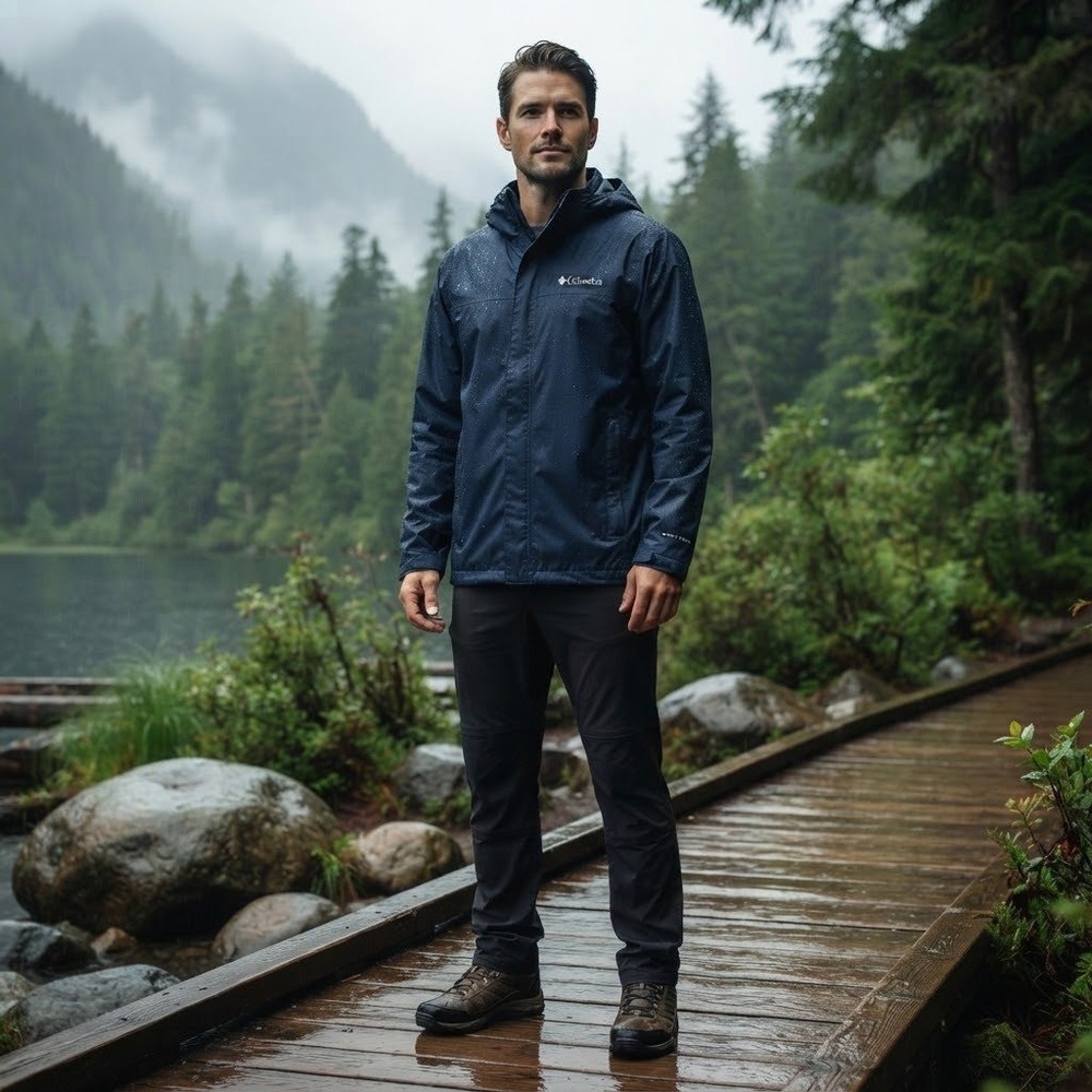 Columbia Rain Jacket Mens Size M Navy Blue Omni-Tech Waterproof Hooded Shell